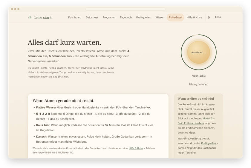 Die Ruhe-Insel der App: geführte Atmung mit einem ruhigen Kreis in der Mitte
